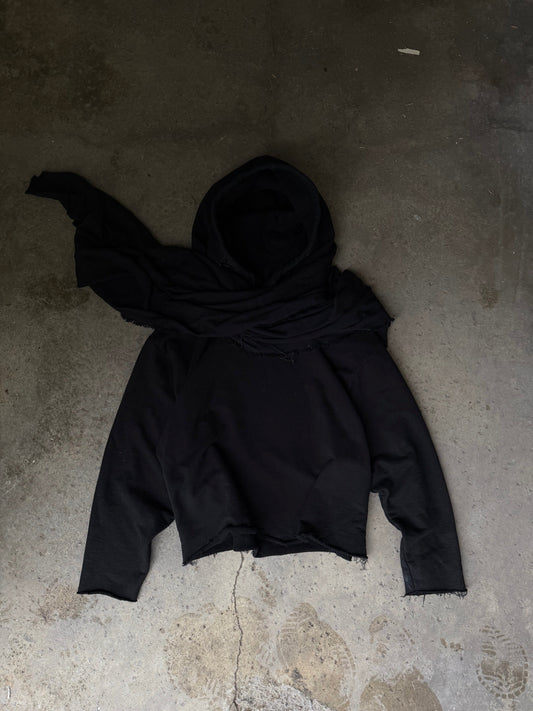 VOID HOODIE / BLACK WITH SCARF AND DAMAGE LOOK